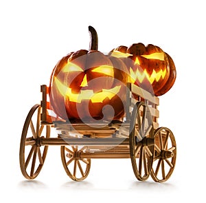 Halloween pumpkins in farm wagon isolated on white background