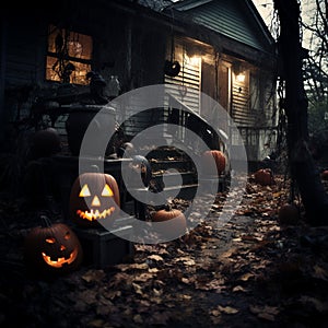 Halloween pumpkins in front of a haunted house in the forest