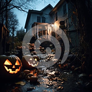 Halloween pumpkins in front of a house in the forest.