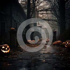 Halloween pumpkins in front of old abandoned house in foggy forest