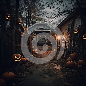 Halloween pumpkins in front of a wooden house in the forest