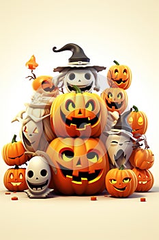 Witch, Haunted House, Pumpkins, Bats. Halloween Holiday Design. Scary pumpkin head. Generative Ai photo