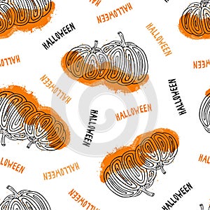 Halloween pumpkins hand drawn seamless pattern with a blob on a white background