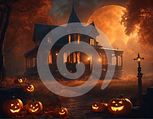 Halloween with pumpkins and haunted house in the background with moon rising