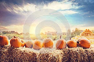 Halloween pumpkins on hay