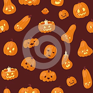 Halloween pumpkins heads with scary faces seamless vector pattern. Dark background with pumpkin-heads. For hallowen