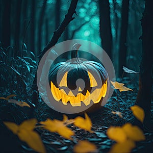 Halloween pumpkins and jack o lanterns on dark creepy background and beautiful misty atmosphere