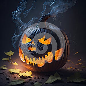 Halloween pumpkins and jack o lanterns on dark creepy background and beautiful misty atmosphere