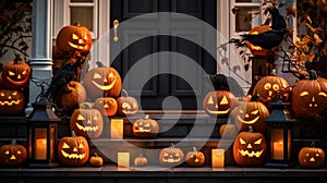 Halloween pumpkins jack o\' lanterns on front porch, exterior home decor, seasonal decorations