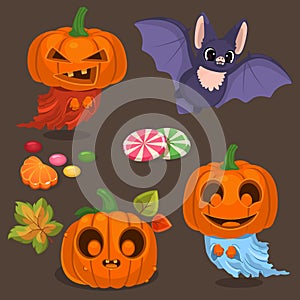 Halloween pumpkins, leafs, candies, lollipops and bat