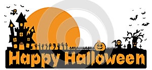 Halloween pumpkins, moon and dark castle on white background, vector illustration