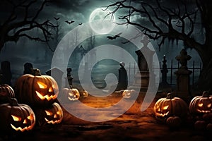 Halloween pumpkins near a tree in a cemetery with a scary house. Halloween background at night forest with moon and bats