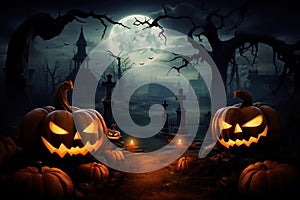 Halloween pumpkins near a tree in a cemetery with a scary house. Halloween background at night forest with moon and bats