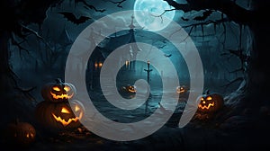 Halloween pumpkins in night mystery forest