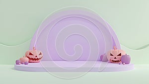 Halloween Pumpkins with Podium Display on Pastel Background. 3D Illustration.