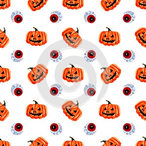 Halloween pumpkins and red eyes on white background. pumpkin with scary smile. Seamless watercolor pattern for fabric, textile,