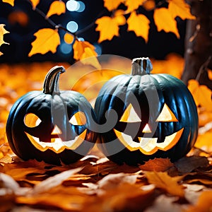 Halloween pumpkins with scary faces on autumn leaves background. Halloween concept.