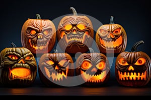 Halloween pumpkins with scary faces on black background. Halloween concept. A collection of hand-carved jack-o-lanterns with
