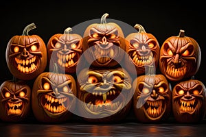 Halloween pumpkins with scary faces on black background. Halloween concept. A collection of hand-carved jack-o-lanterns with