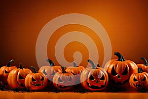 Halloween pumpkins with scary faces on orange background with copy space