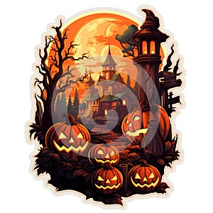 Halloween Pumpkins scene sticker, illustration ai generated