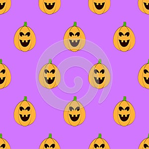 Halloween pumpkins seamless pattern. Halloween pumpkin lanterns on purple background. Halloween background. Jack-o\'-lantern