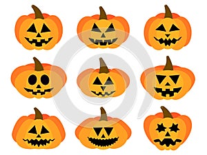 Halloween pumpkins set on white background. Halloween carved pumpkin face. Happy Halloween October 31st, trick or treat. Jack-o-