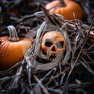 halloween pumpkins and a skull in a pile of hay