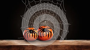 Halloween pumpkins with spider web on wooden table, black background