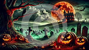 Halloween pumpkins, spooky graveyard, scary house on hill, red moon and bats in sky.