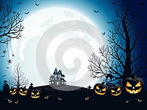 Halloween pumpkins, spooky trees and haunted house with moonlight on blue background.