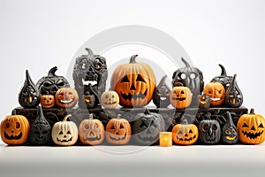 Halloween pumpkins on white background with copy space for text. Ai generative