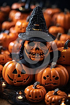 halloween pumpkins with witch hats and candles