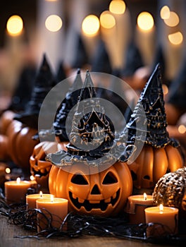 halloween pumpkins with witch hats and candles