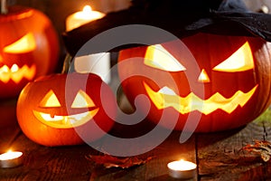 Halloween pumpkins with witches hat