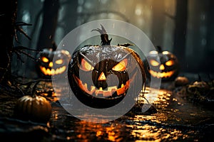 Halloween Pumpkins on wood in a scary forest at night, holiday inspirations