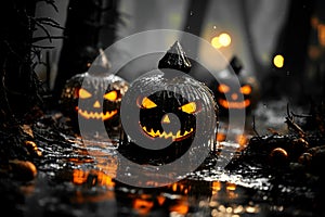 Halloween Pumpkins on wood in a scary forest at night, holiday inspirations