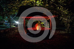 Halloween Pumpkins On Wood In A Spooky Forest At Night