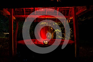 Halloween Pumpkins On Wood In A Spooky Forest At Night