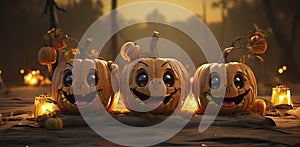 Halloween Pumpkins On Wood In A Spooky Forest At Night.