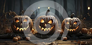 Halloween Pumpkins On Wood In A Spooky Forest At Night.