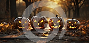 Halloween Pumpkins On Wood In A Spooky Forest At Night.