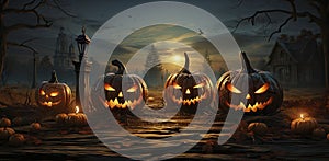 Halloween Pumpkins On Wood In A Spooky Forest At Night.