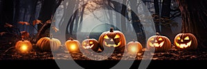 Halloween pumpkins on wood in a spooky forest at night with empty space. Scary halloween. Generative Ai