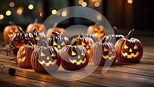 Halloween pumpkins on a wooden background, Jack o Lanterns