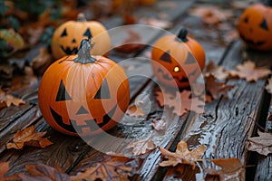 Halloween pumpkins on a wooden deck
