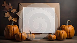 Halloween pumpkins on a wooden desk with white paper and copy space