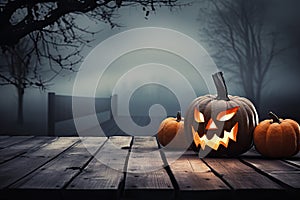 Halloween pumpkins on wooden planks with foggy background, One spooky halloween pumpkin, Jack O Lantern, with an evil face and