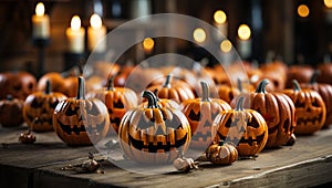 Halloween pumpkins on wooden table in dark room with candles