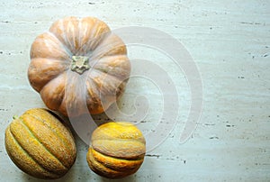 Halloween punpkin and melons background with copy space. Selective focus and bokeh.